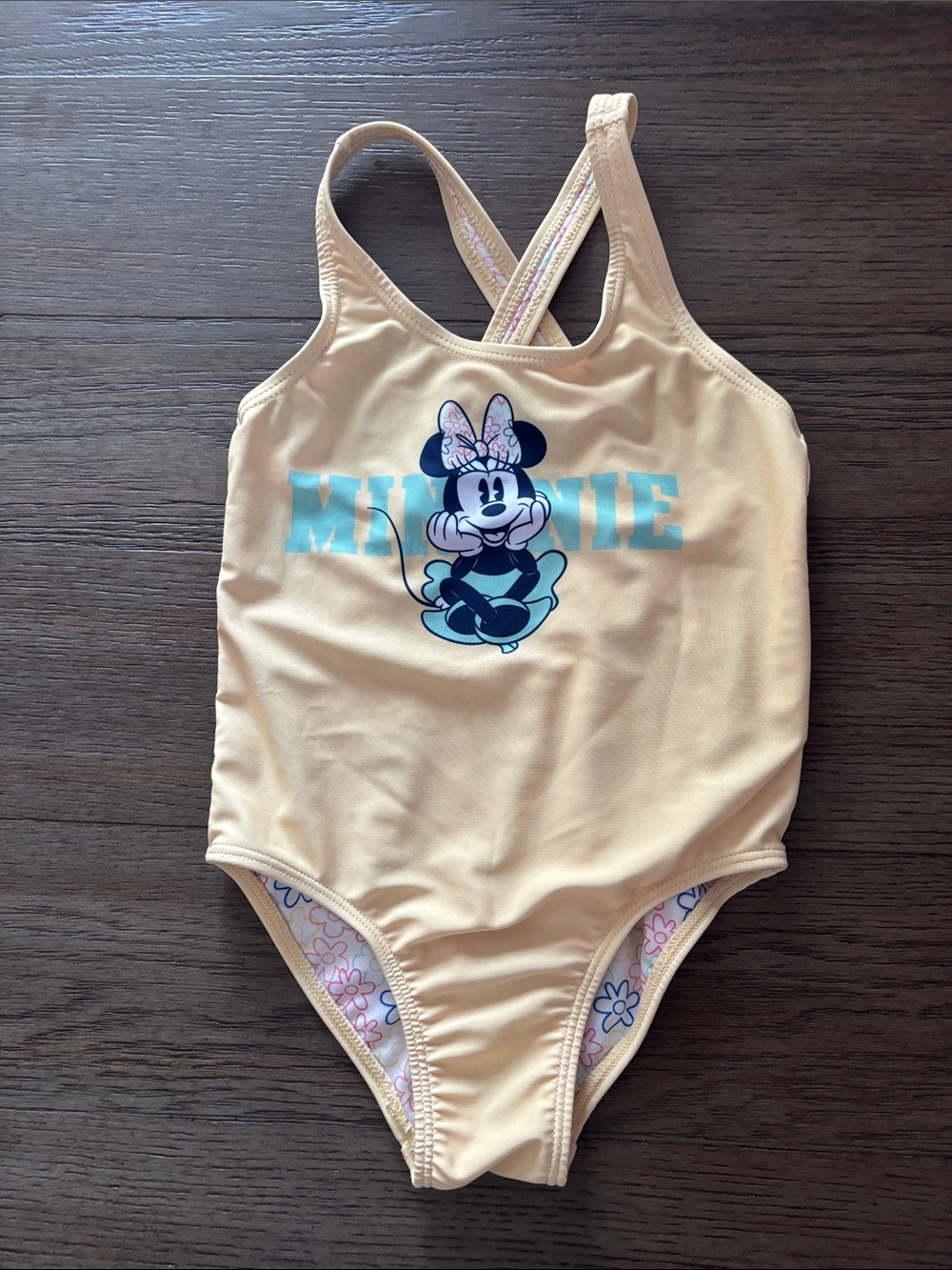 Disney Girls' Minnie Mouse Pale Yellow One-Piece Swimsuit with Aqua Graphic